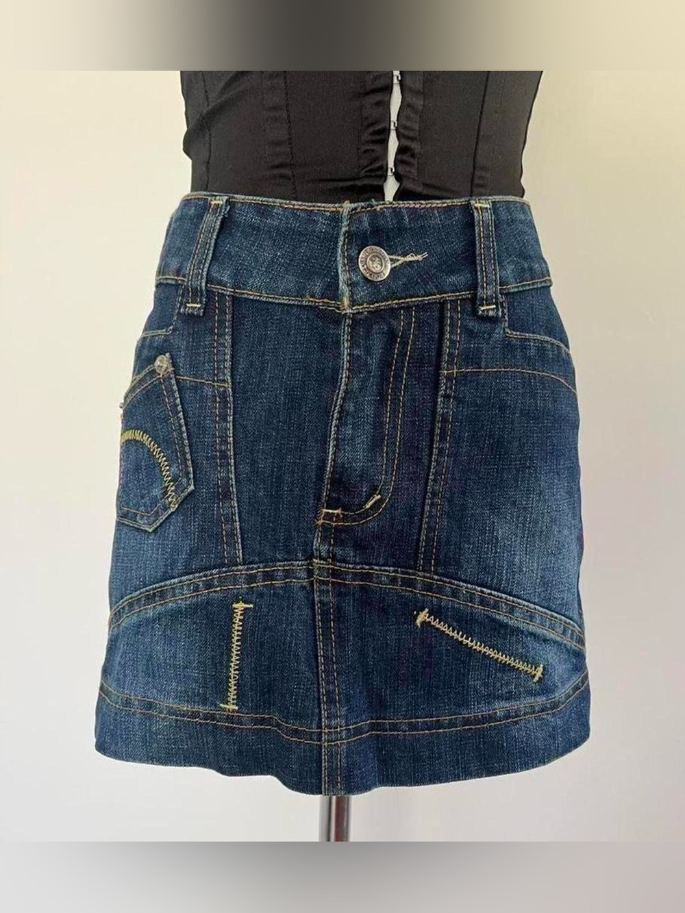 iris Dark Blue Denim Mini Skirt with Yellow Stitching